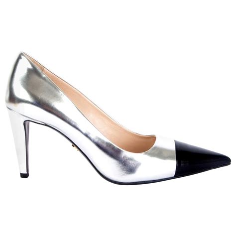 prada silver patent leather point toe pumps|prada ankle pumps.